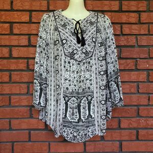 Lucky Brand Peasant Top S Black Gray Cream Floral Blouse Tassel Tie Boho